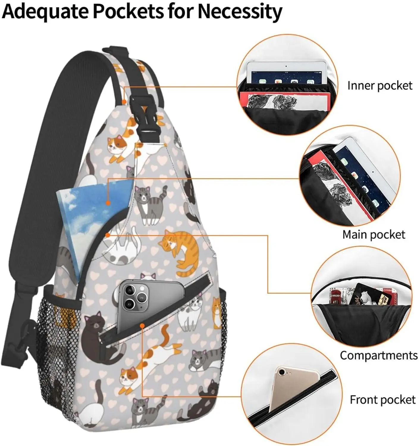 Cats Dots Sling Bag para mujeres y hombres, mochila de viaje para senderismo, bolsos de hombro cruzados para el pecho, mochila de día informal deportiva de poliéster