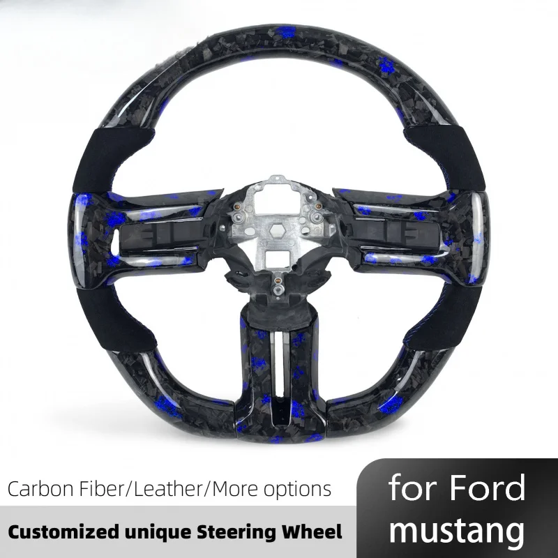 Blue Forged Carbon Fiber Sport Design Steering Wheel Customization Mustang 2010-2014, Leather Upgrade Version