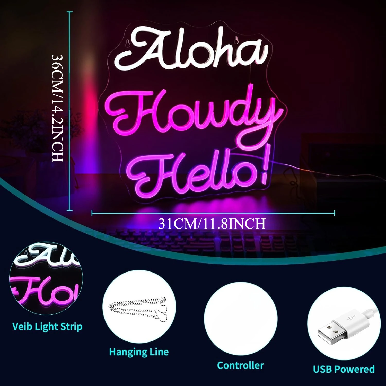 Aloha Howdy Hello Neon Signs for Wall Decor LED Neon Sign for Room Neon Light Sign for Wall Decor Birthday Party USB Powered