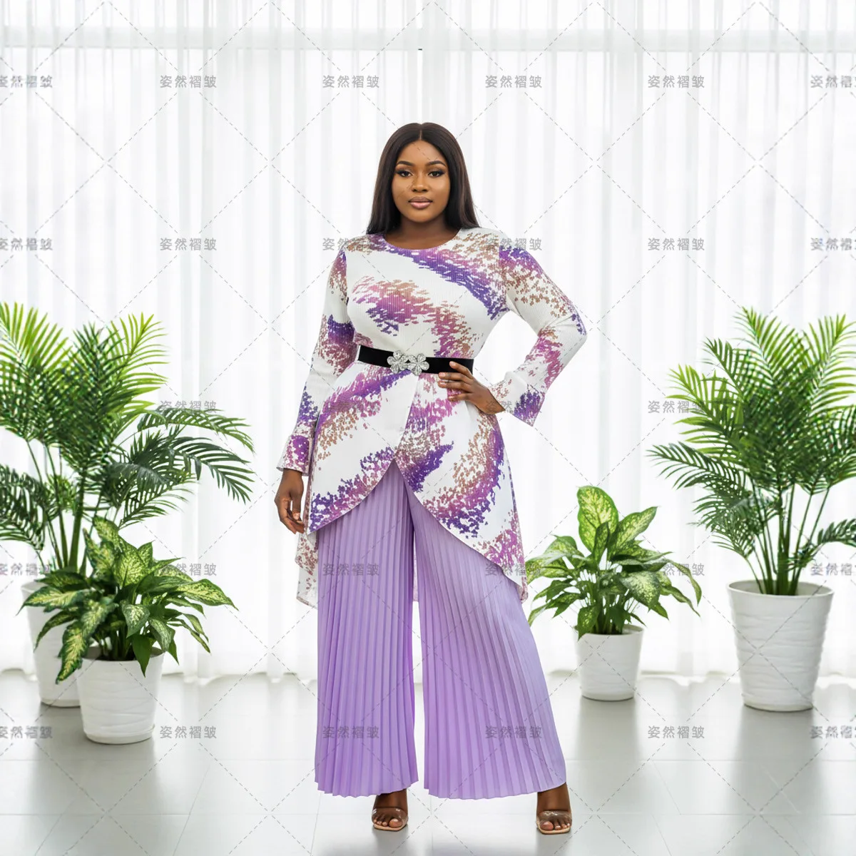 Women Eid Suit Top Straight Pants Muslim 2 Piece Set Sashes Folds Print Top Ensemble Morocco Dubai Trousers Outfits Ramadan