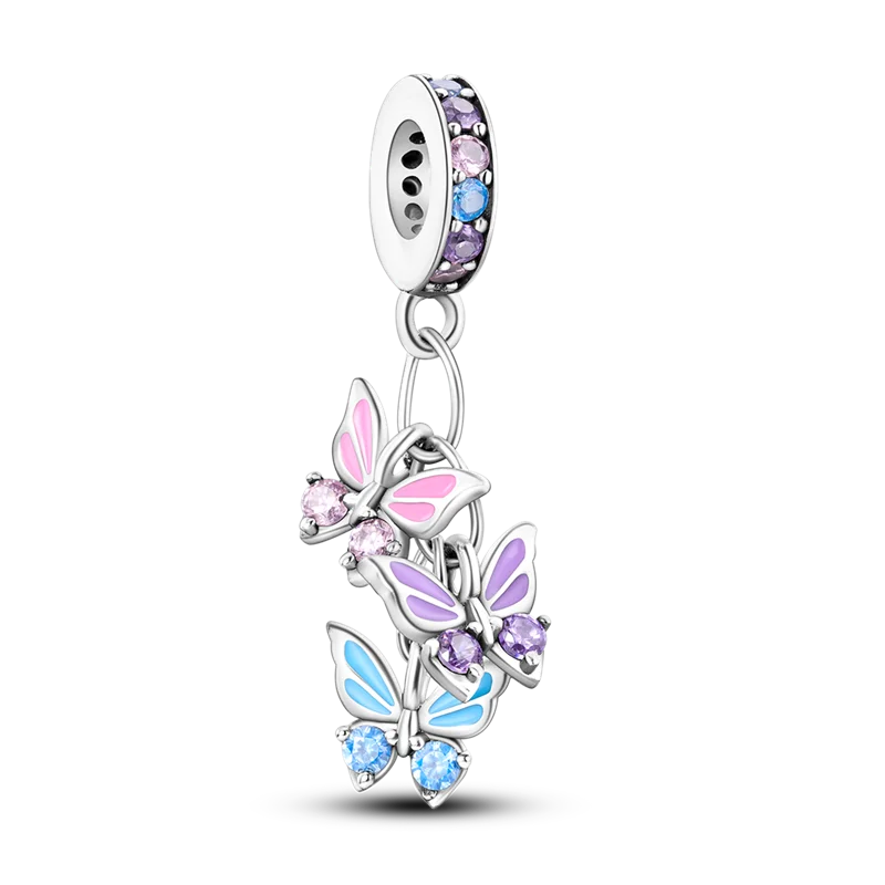 925 Sterling Silver Flower and Colorful Butterfly Beads Charms Fit Pandora 925 Original Bracelet for Women Fine Jewelry Making