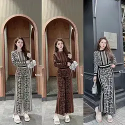 2024 Women's New Fashion Maze Print Knitted Top + Wide Leg Pants Casual Comfort Set Temperament Commuter Two-piece Set