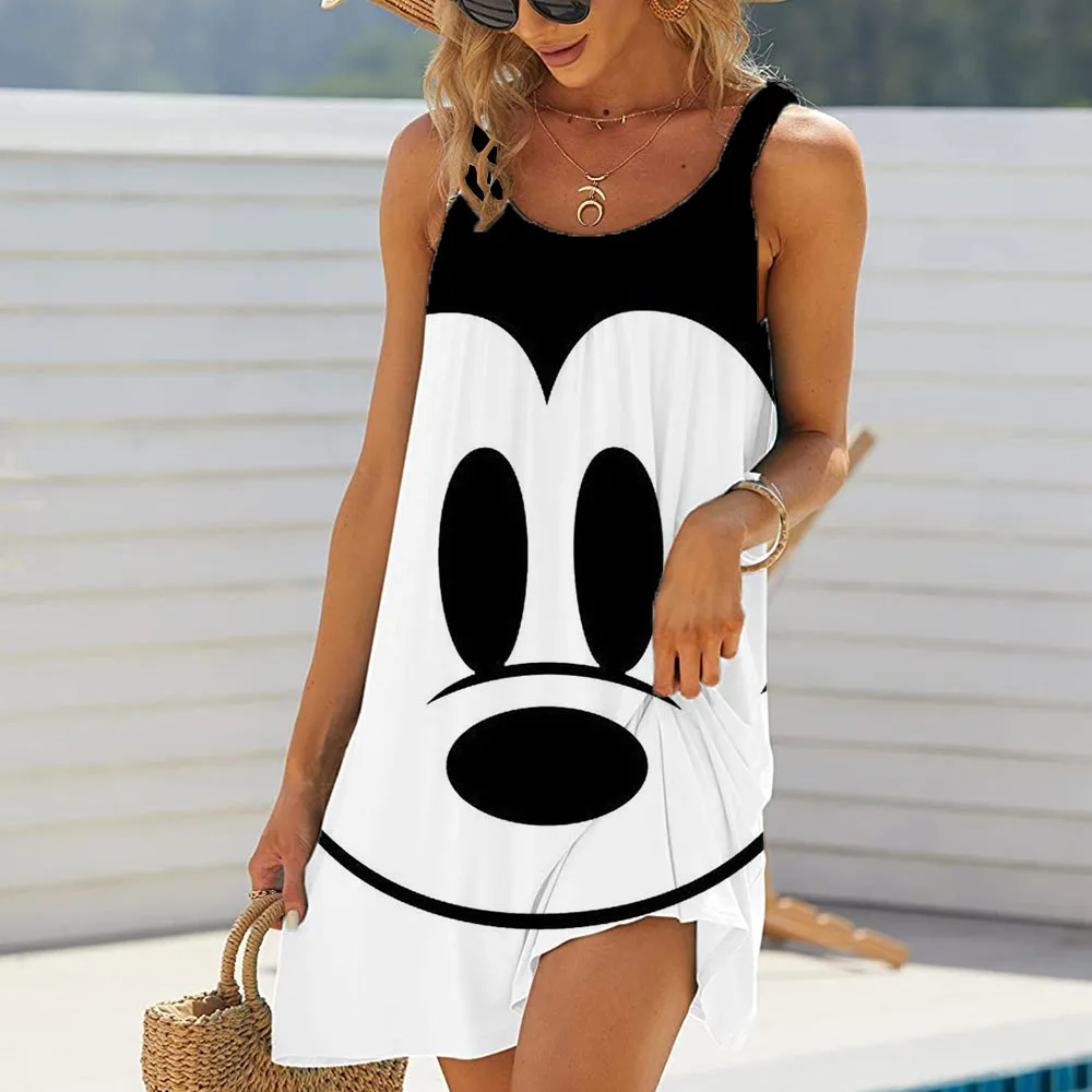 Vestido Mickey Mouse Disney feminino, vestido Midi sem mangas, sexy estampado em 3D, grande, verão