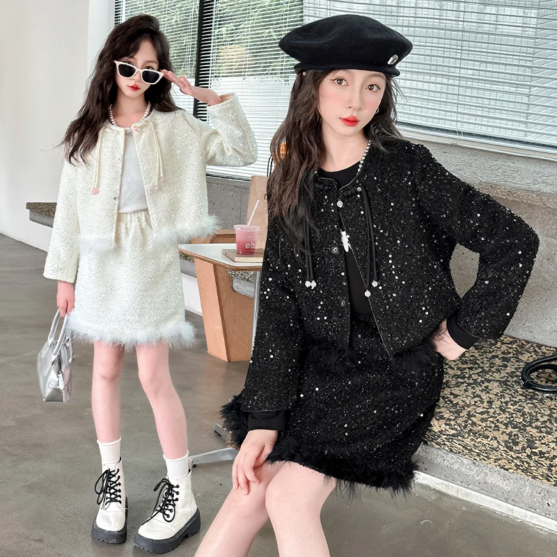 design autumn teenage girls shiny clothes set Retro True fur hem glitter coat+short skirt 2pcs junior kids suit child outfits 14