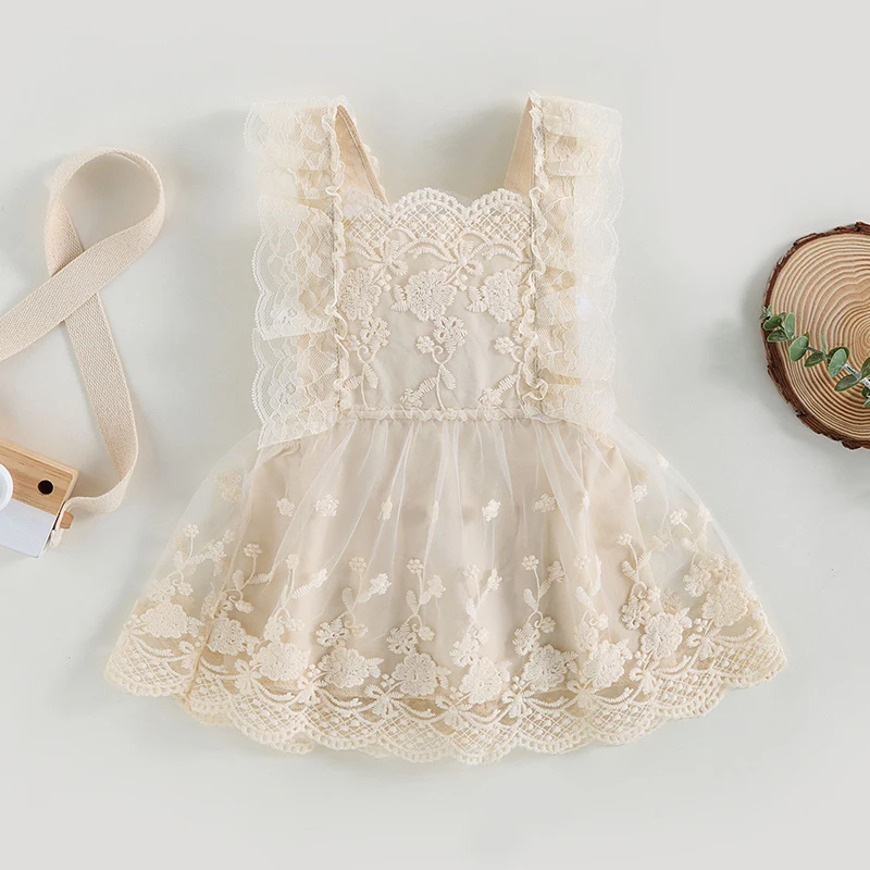 Flower Girls Lace Dress Toddler Baby Sleeveless Backless Boho Floral Embroidery Princess Dress