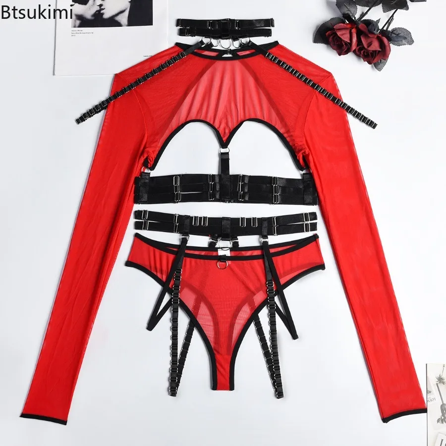 

New 2025 Sexy Lingerie 3-Piece Set for Women Mesh Material Halter Girdle Kit Sexy Mesh Hollow Out Long Sleeves Underwear Suit