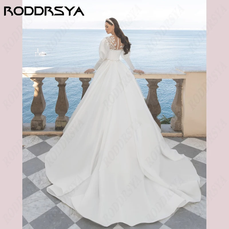 RODDRSYA Princess Wedding Dresses Appliques Button Bridal Gowns O-Neck Lace Vestido De Noiva Lantern Long Sleeve Bride Party