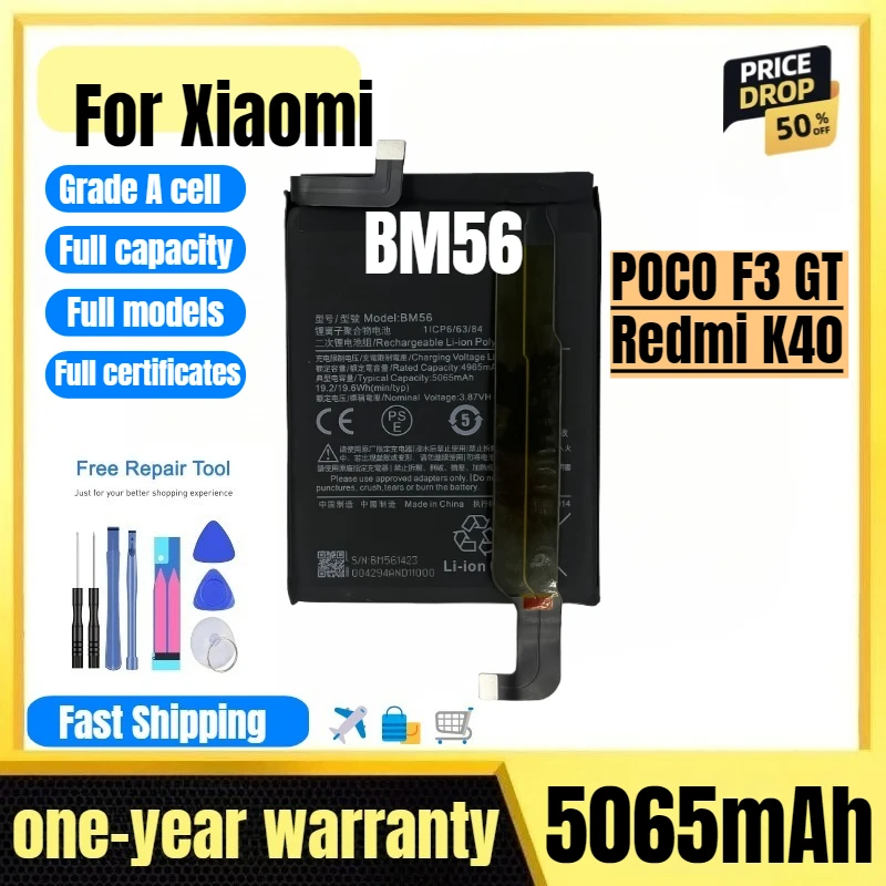 

BM56 for Xiaomi POCO F3 GT/Redmi K40 Mobile Phone Battery High Quality High Capacity Replacement Bateria Grade A Cell with Tools
