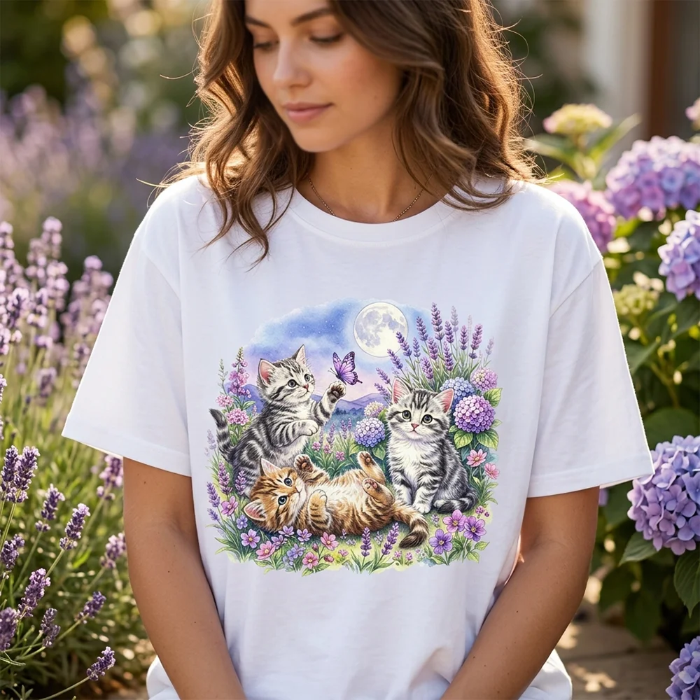 Female T Shirt Cute Cats Lavender Moon Butterfly Graphic Printed Cotton Oversized Short Sleeve Tee Tops Summer Harajuku