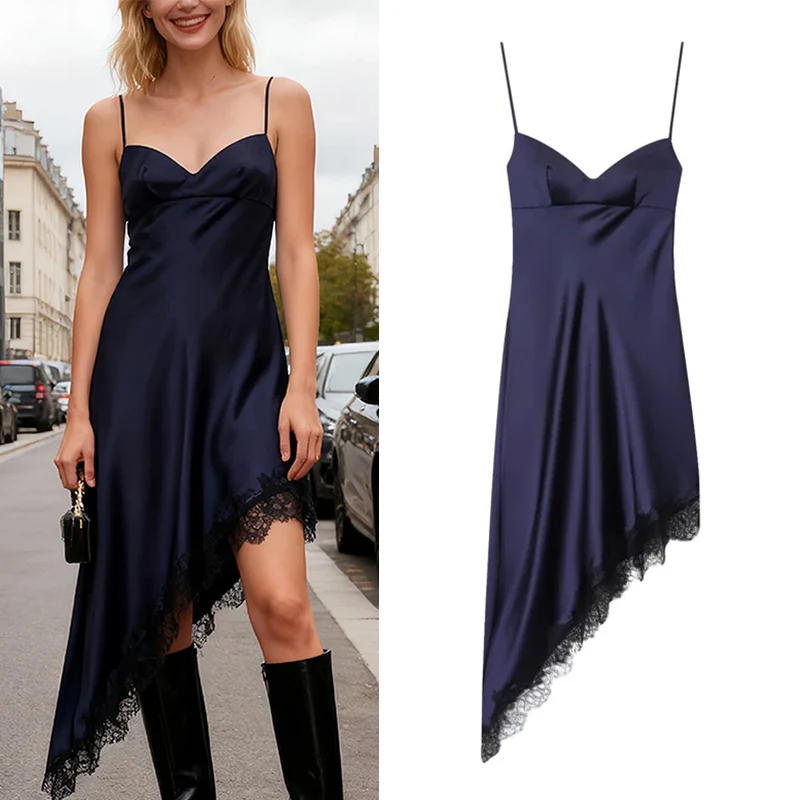 فستان نسائي 2025 موضة جديدة مثيرة من الساتان فساتين غير متناظرة سهلة الارتداء للنساء فستان أنيق للسيدات مزين بالدانتيل