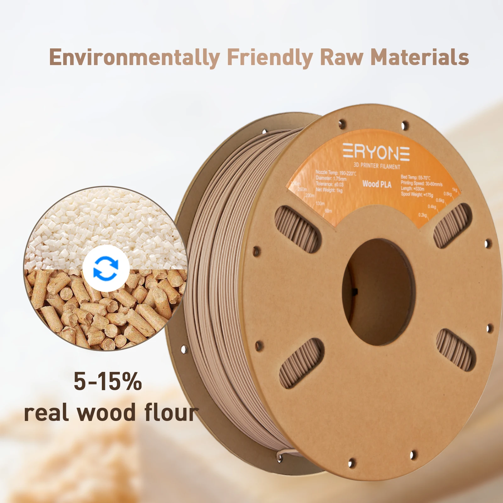 

ERYONE 1KG Wood PLA Filament 3D Printer PLA Filament 1.75mm +/- 0.03mm, PLA Filament 1KG Cardboard Spool(2.2LBS)