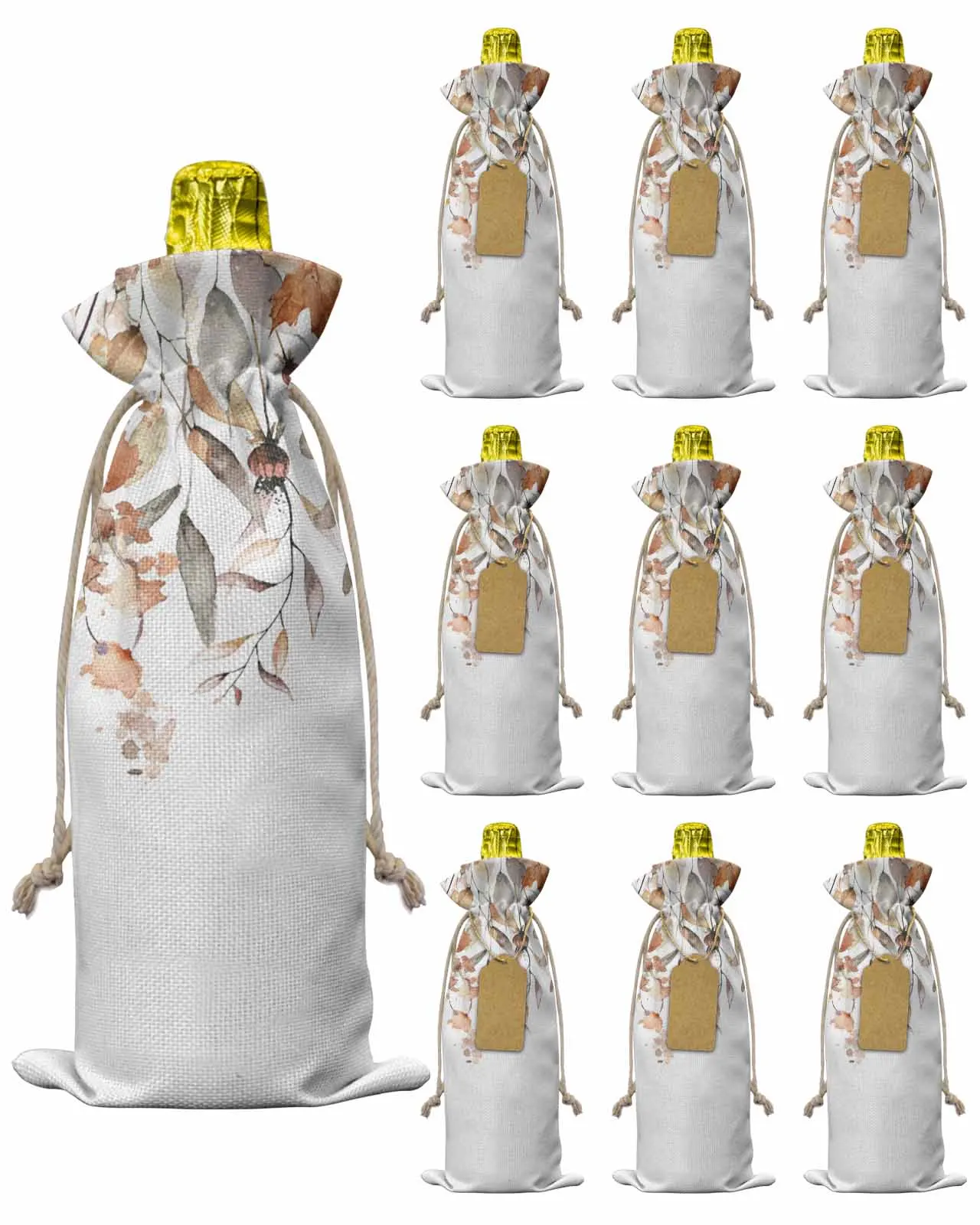 10pcs Autumn LeavesWine Bottle Bag with Drawstring Festive Party Decor Wine Bottle Covers Gift