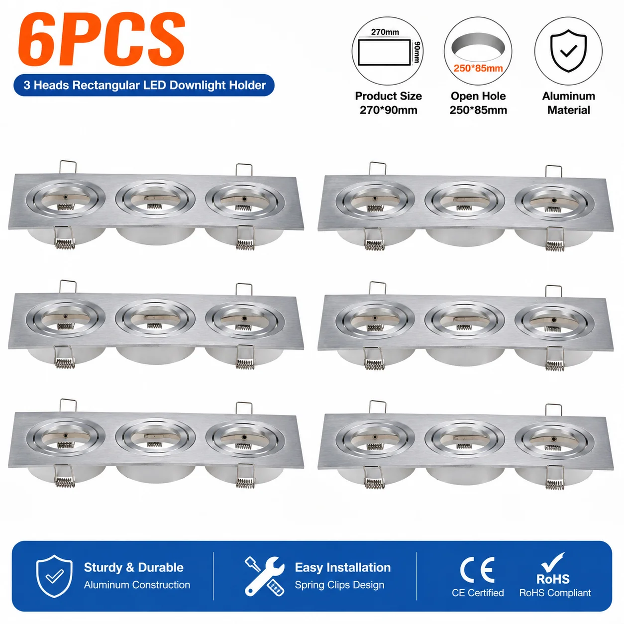 JOYINLED Pack of 1/6/10 Triple Head Silver LED Recessed Spotlight GU10 MR16 Frame Lamp Downlight Casing Light Fixture Holder
