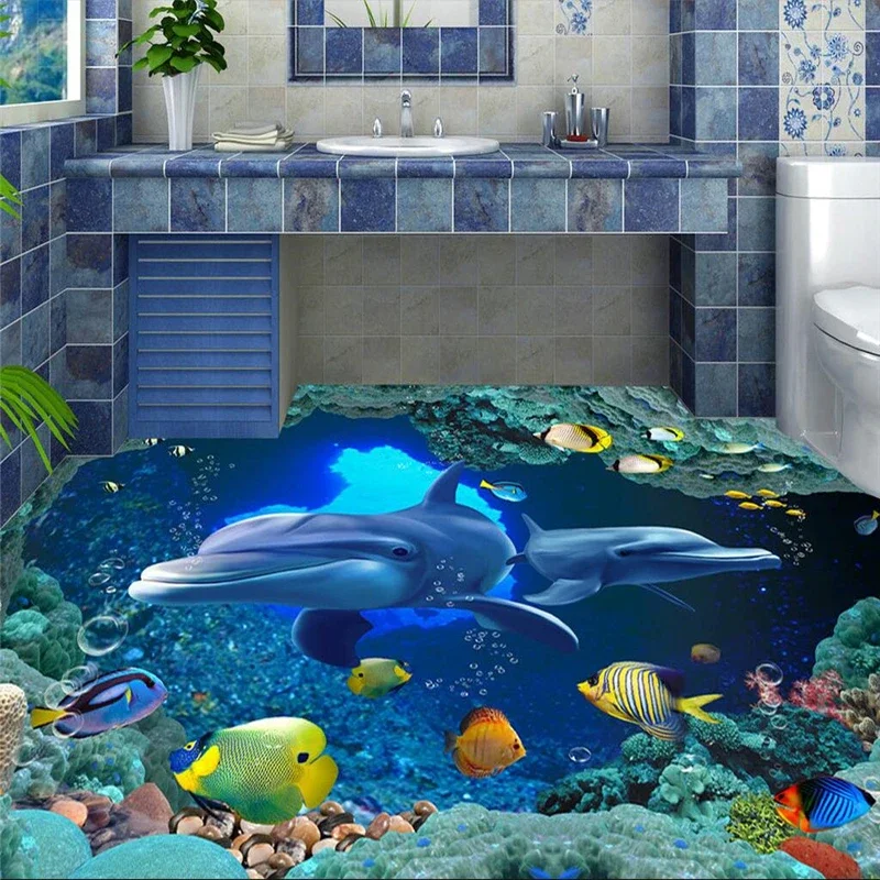 beibehang Custom 3D floor wallpaper 3d underwater world dolphin background wall vinyl floor waterproof self - adhesive wallpaper