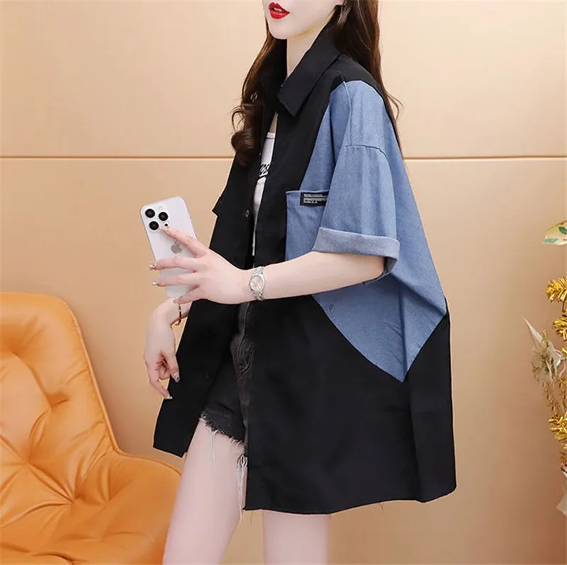 Mid Length Denim Patchwork Short Sleeved Shirt Female Spring Summer Autumn 2024 New Women Top Fashion Sun Resistant Shirt Jacket