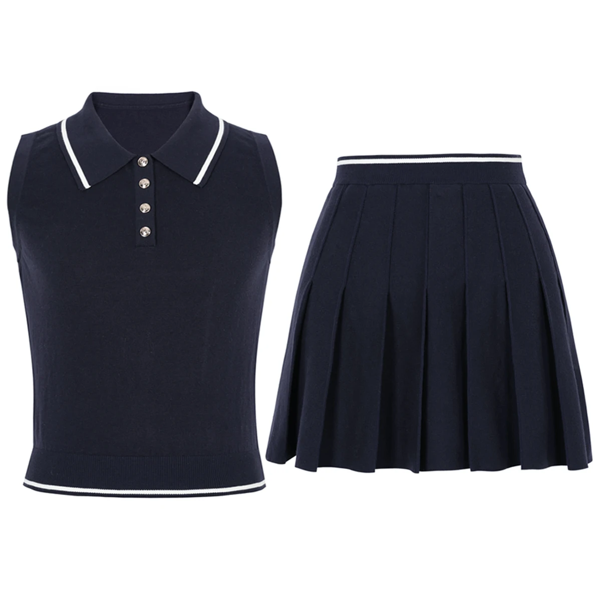 

High Quality Summer New Style Women's Fashionable Socialite Style Slim Fit Button Up Sleeveless Lapel Knitted Top Skirt Set