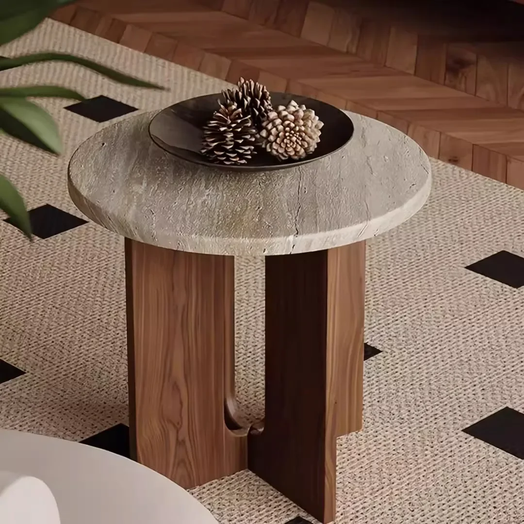 Light luxury Cave stone Small Side Table Light luxury Home use Advanced Tea Table Bedroom Solid Wood Round shape Bedside table