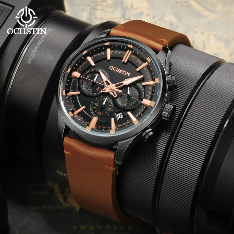 OCHSTIN Man Durable Supple Leather Strap Men's Multifunctional Quartz Movement Elegant Tactical Aviator Dress Watch For Male