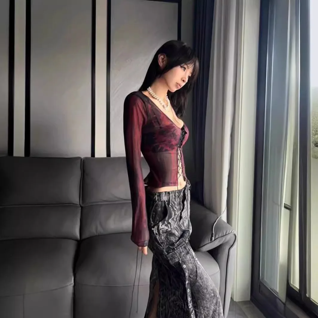 

Long Sleeve T-shirts Women Thin V-neck Mesh Design Seethrough Lace-up All-match Streetwear Korean Style Trendy Summer Sexy Girls