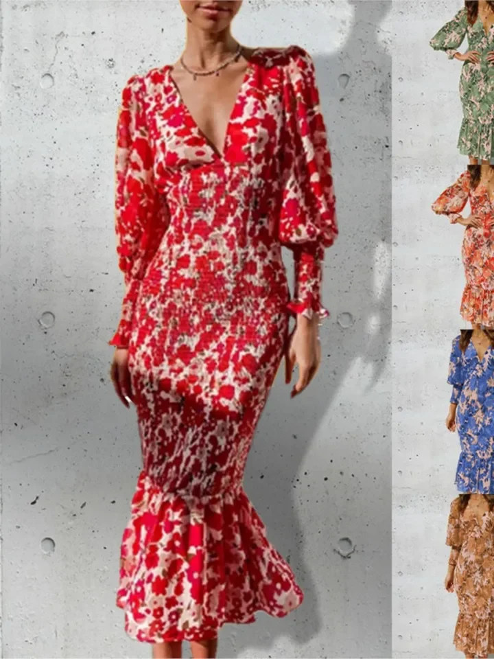 2024 Spring Autumn Fashionable Printed Sexy V-neck Slimming Fishtail Seven Quarter Sleeve Princess Sleeve Dress