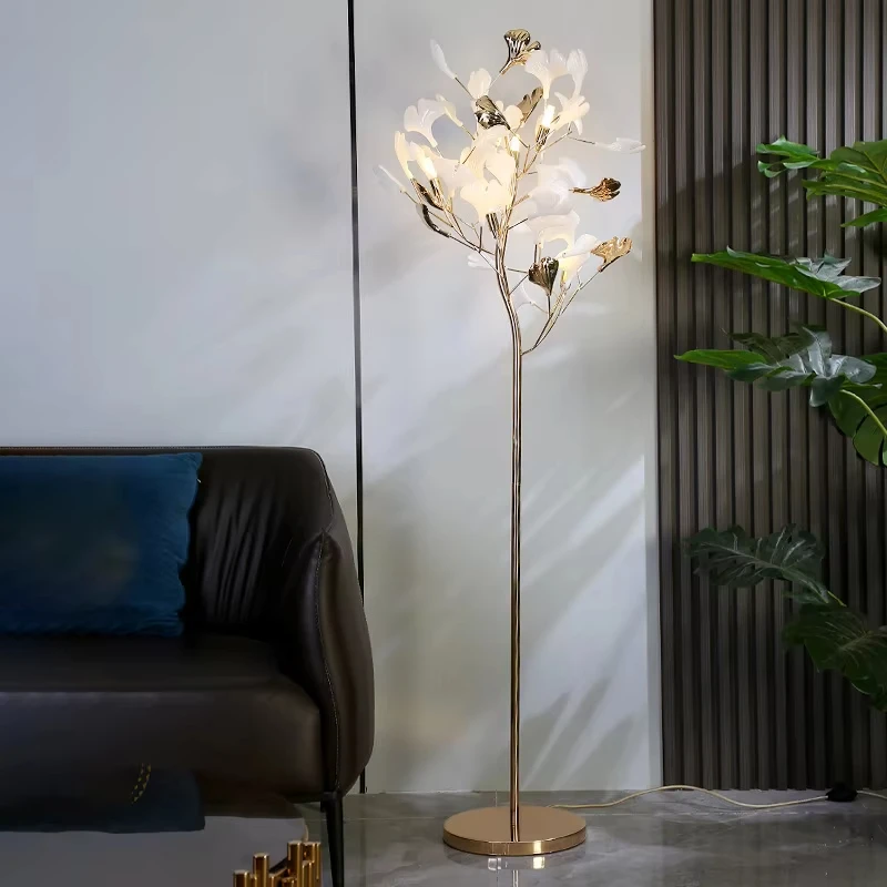 Luxury Gingko Leaf Floor Lamp Modern Bedroom Marble Bedside Light Room Decoration Living Room Study Sofa Standing Lamp LED Light