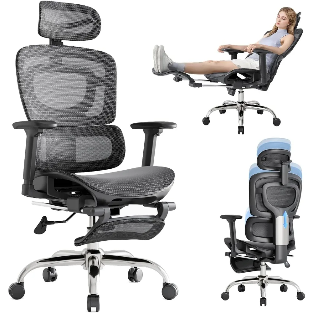 Mesh Chair with Adaptive Lumbar Support, 3D Headrest, Armrests, Retractable Footrest, and a Six-Position Adjustable Backrest