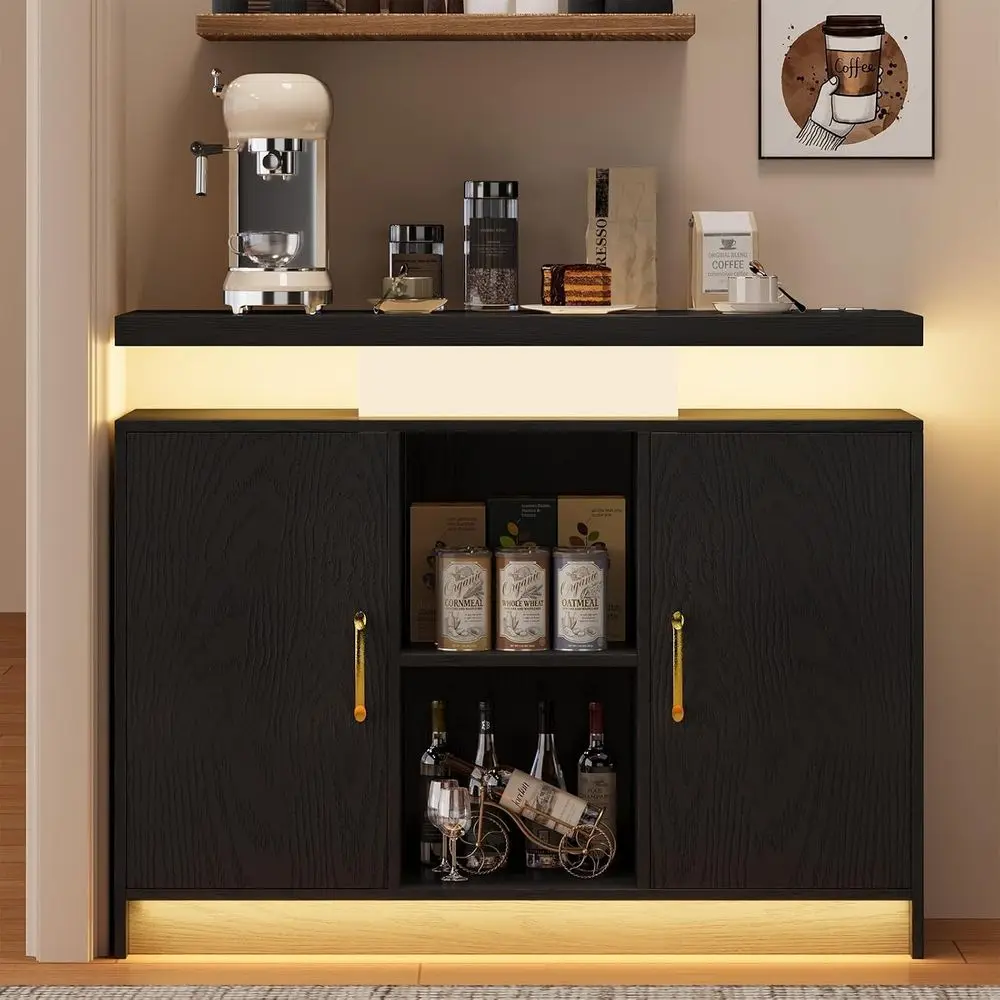 Coee Bar Cabinet with Storage, 40 Inch Coee Station Cabinet with Charging Station & 2 Adjustable Shelves, Buet Cabinet with LED