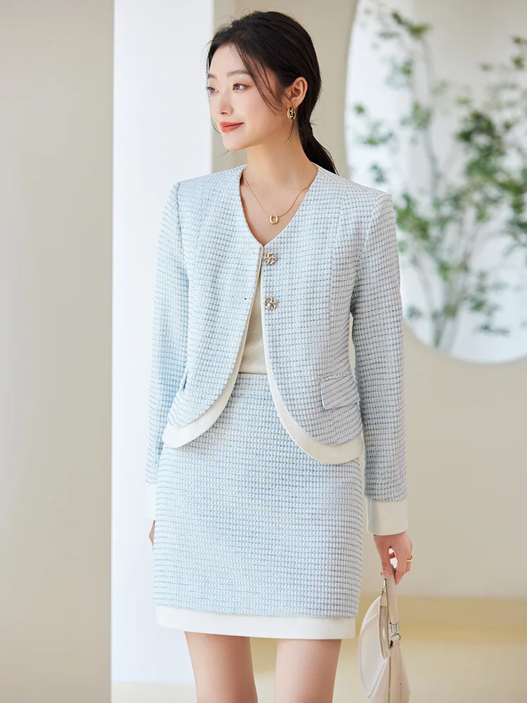 High Quality Casual Skirt Suit Women Female Blue White Plaid Long Sleeve Two Piece Set for Ladies Spring Fall Wear