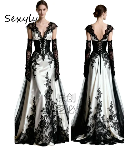 Gypsy Black And White Gothic Wedding Dress 2026 Mermaid Corset Lace Mystical Bride Dress Bohemian Medieval Duchess Bridal Gown