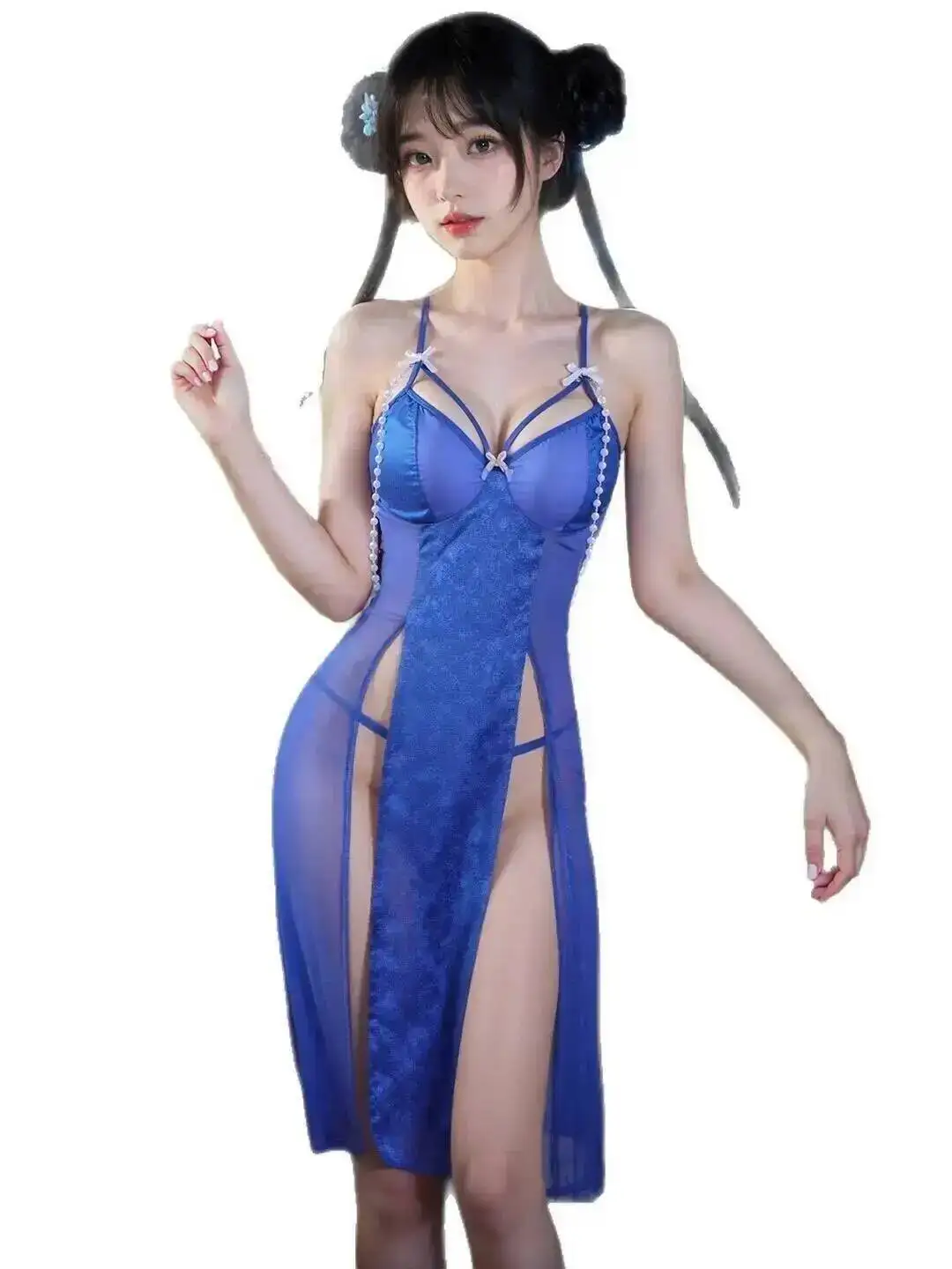 Sexy Nightdress Hot Transparent Pearl Split Nightdress Transparent Backless Deep V Sleeveless Dress Beautiful Girl Charming HQYB