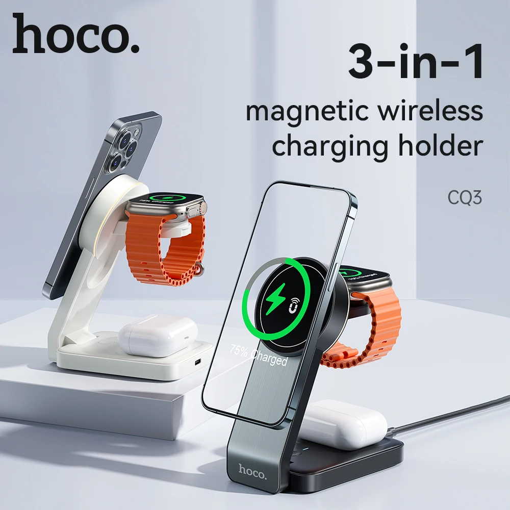 HOCO 3 in 1 Qi Foldable Magnetic Wireless Fast Charger Dock Station For iPhone 13 14 15Charger Holder For Watch 1-8 SE/SE2 Ultra