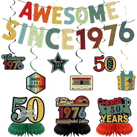 Vintage 50th Birthday Decorations for Men or Women - Awesome Since 1976 Banner, Honeycomb Centerpieces and Hanging Swirls for