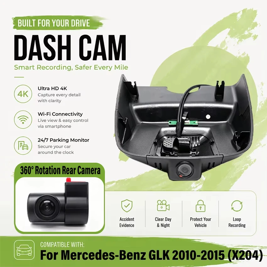 Dedicated 4K Dash Cam for Mercedes-Benz GLK 2010-2015 (X204) (Model A/B) Car DVR WiFi & APP Plug and Play DashCam Camera