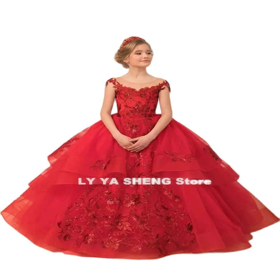 Rotes Tüll geschichtet flauschige ärmellose Applikation Blumen mädchen Kleid für Hochzeit Prinzessin Kind erste eucharis tische Geburtstags feier Kleid