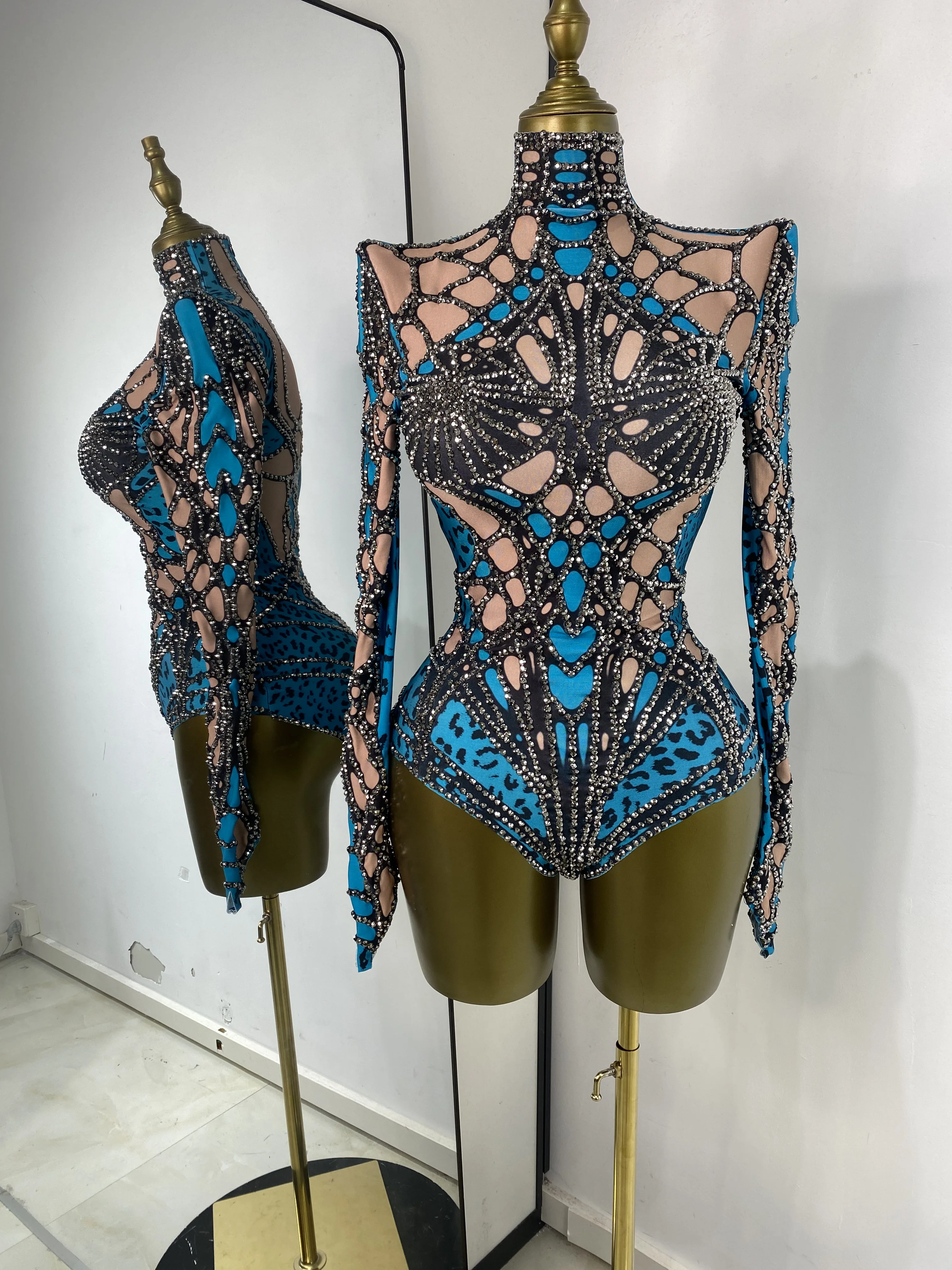 Women Special Occassion Printed Rhinestones Long Sleeve Turtleneck Bodysuits Rhythmic Gymnastics Leotards Sports Dance Dress