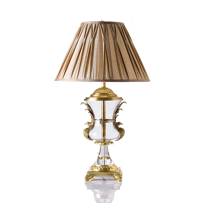 European Copper Transparent Glass Bedroom Bedside Table Lamp American Phoenix Brown Cloth LED E27 Livingroom Study Desk Lighting