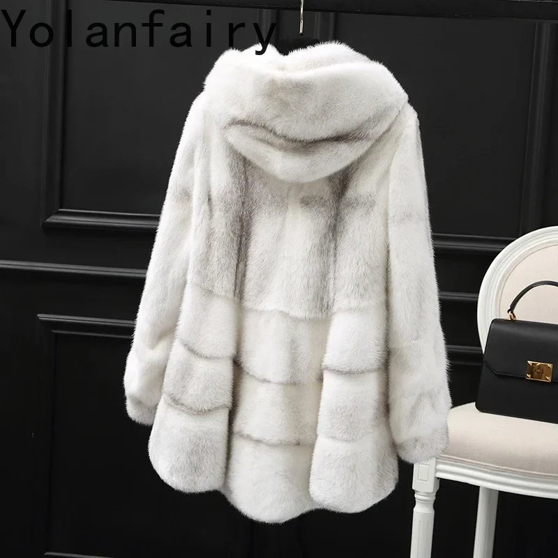 Top Quality Natural Cross Mink Fur Jacket for Women Real Fur Coat Womens Clothing Luxury Mid-length Hooded Fur Coats and Jackets