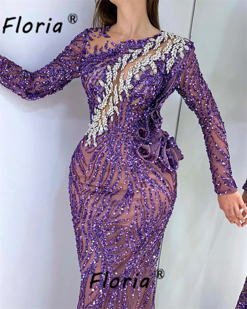 Dubai Woman Long Sleeves Formal Evening Dress Handmade Beadings Sequin Wedding Party Gowns فساتين مناسبة رسمية Prom Dresses