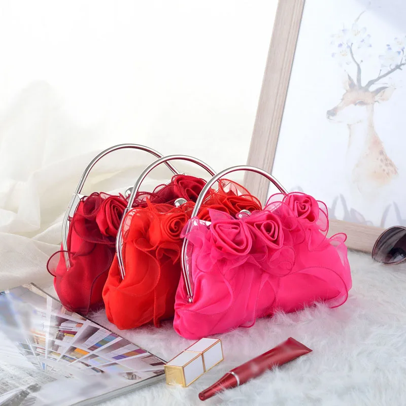 

Ladies Stylish Flower Clutch Bag Metal Handle Small Handbag Wedding Bridal Dress Evening Bag Banquet Festival Elegant Bag