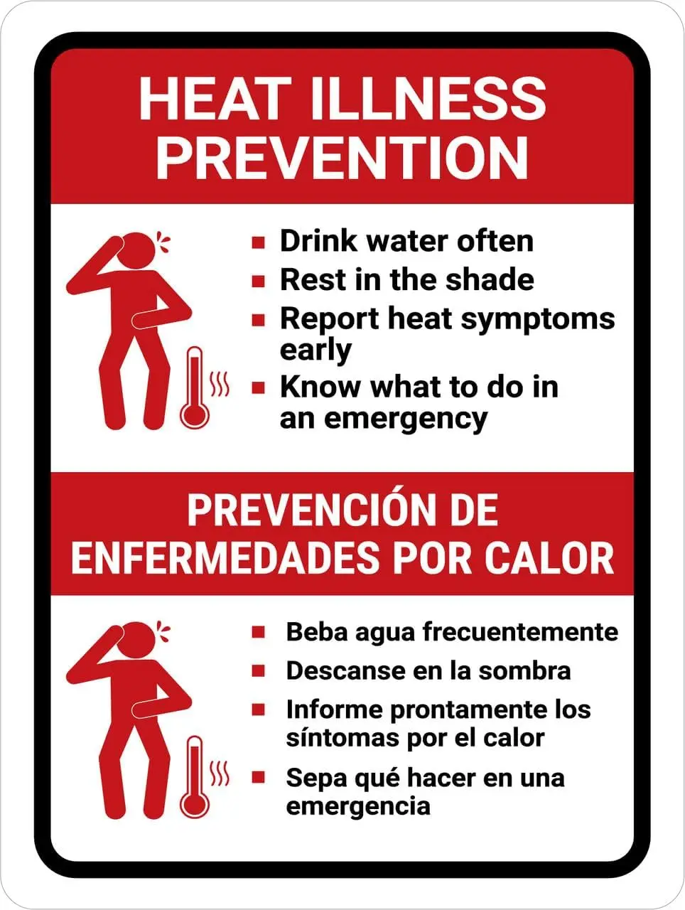 Y1,Heat Illness Prevention Bilingual Spanish Portrait - Wall Sign Safety Signs Warning Caution Metal Tin Sign,