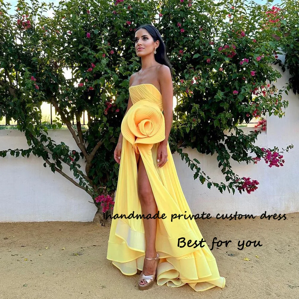 

Yellow Strapless Evening Party Dresses Pleats Flower Sexy Leg Split Prom Dress Customized Women Celebrate Occasion Gonws