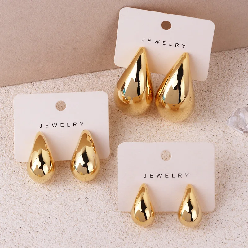 Vintage Gold Plated Chunky Dome Drop Earrings for Women Glossy Stainless Steel Thick Teardrop Earrings Dupes Lightweight Hoops