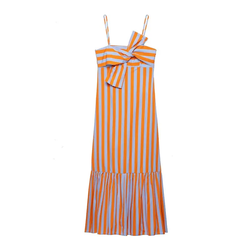Early Autumn New Arrival Women's Dress Straight Collar Bow Decorated Multi-Strips Halter Dress Commute Style Color Block