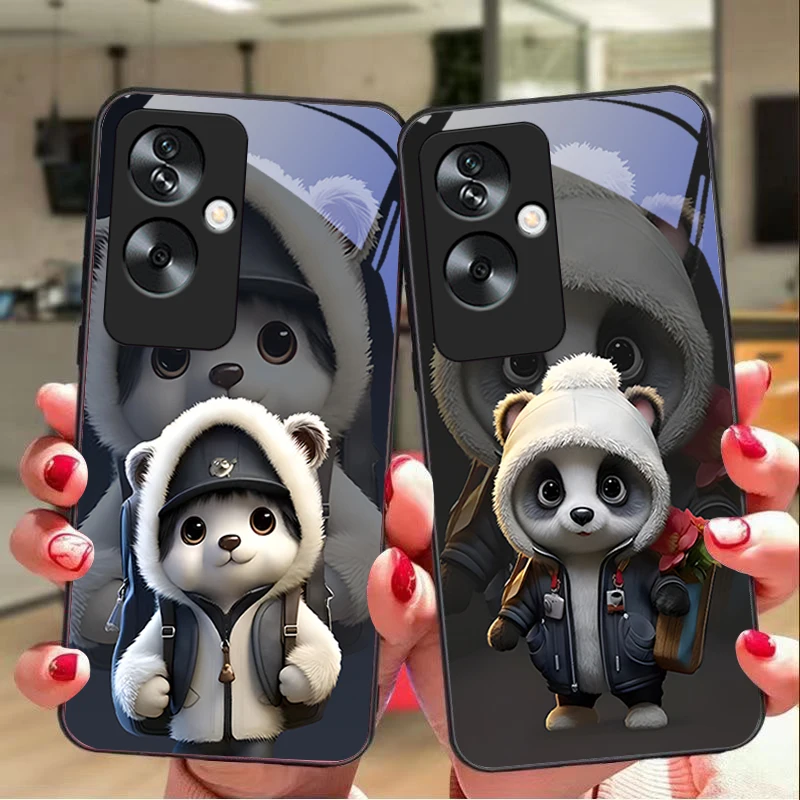 Cute little panda white For Oppo A79 5G 58 78 74 60 4G Reno 11F Realme GT 6 11 Note 50 10 C55 X2 Tempered glass black phone case