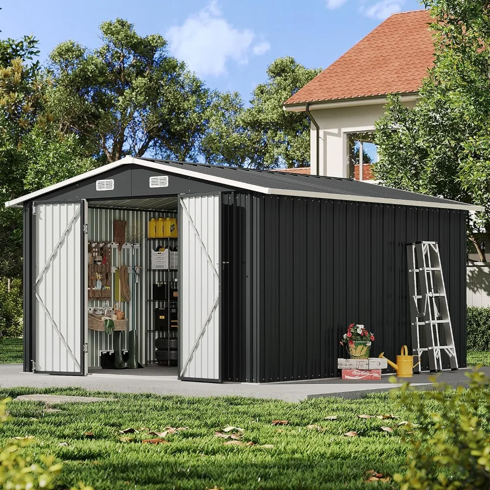 

10x12FT Outdoor Storage Shed, Metal Garden Shed with Lockable Double Doors & Sloping Roof, Weather-Resistant Tool Shed.