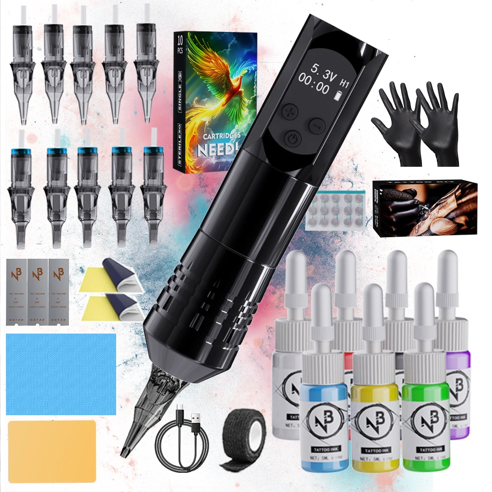 

Профессиональный беспроводной универсальный набор металлических ручек для татуировки — пистолет для татуировки обсидианового черного цвета, оснащенный мощным двигателем, плавным потоком чернил, полными аксессуарами, подходит для начинающих и художников, T
