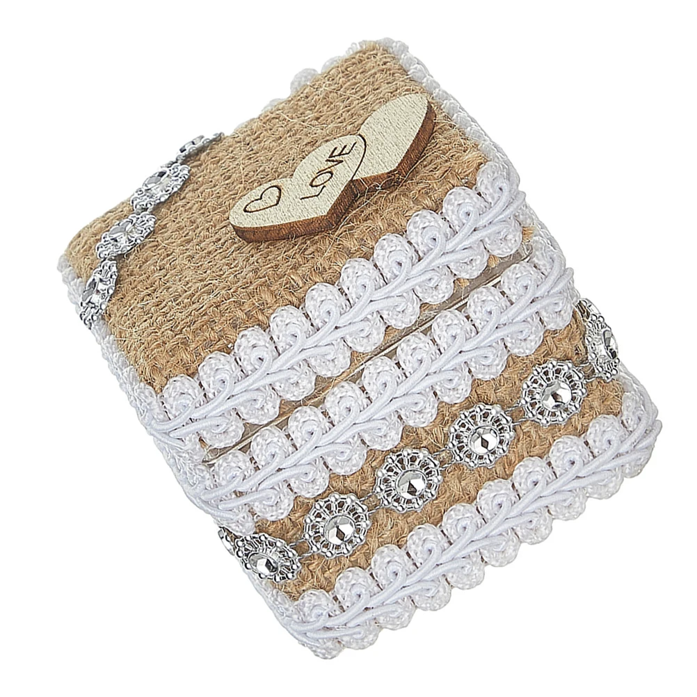

Pastoral Style Ring Box Handwoven Jute Double Heart Design Wedding Proposal Bridal Shower Rings Holder Bearer Pillows