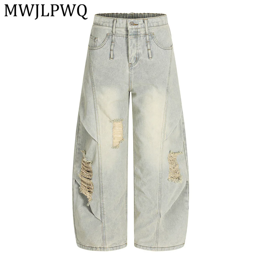 

MWJLPWQ Punk-Style Ripped Washed Distressed Denim Trousers Men Deconstructed Pleated Design Loose Casual Curved-Leg Pants 15104