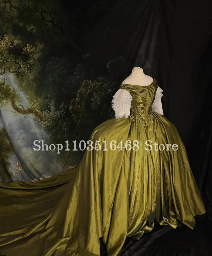 Robe de soirée victorienne moelleuse luxueuse, corset en satin sans bretelles, applique de masque médiéval, or vert, robe de mariée éducative