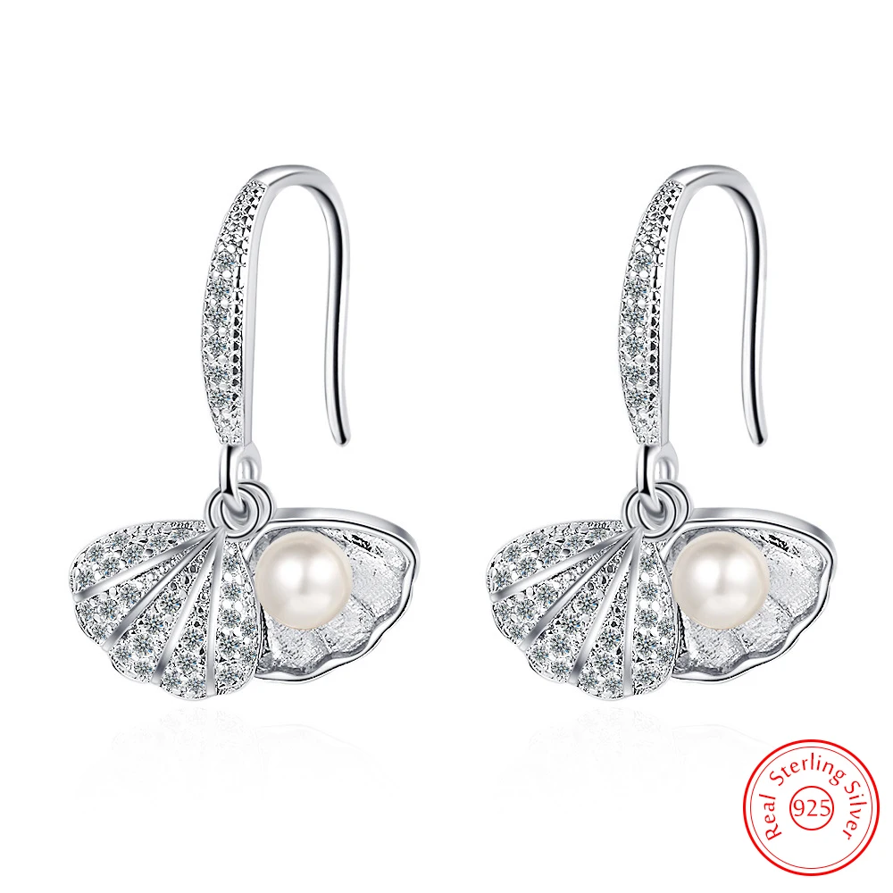 

Pure 925 Sterling Silver Jewelry New Quality Fashion Zircon Shell Pearl Drop Earrings For Woman FQL25056